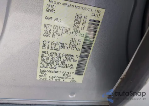 2017 Nissan Frontier Sv z USA, uszkodzony, nr VIN 1N6AD0EV2HN747057